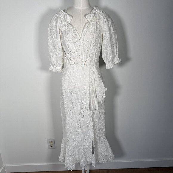 Saloni Olivia Cotton Midi Dress White Eyelet Lace  Embroidered  US 8 - Picture 1 of 14
